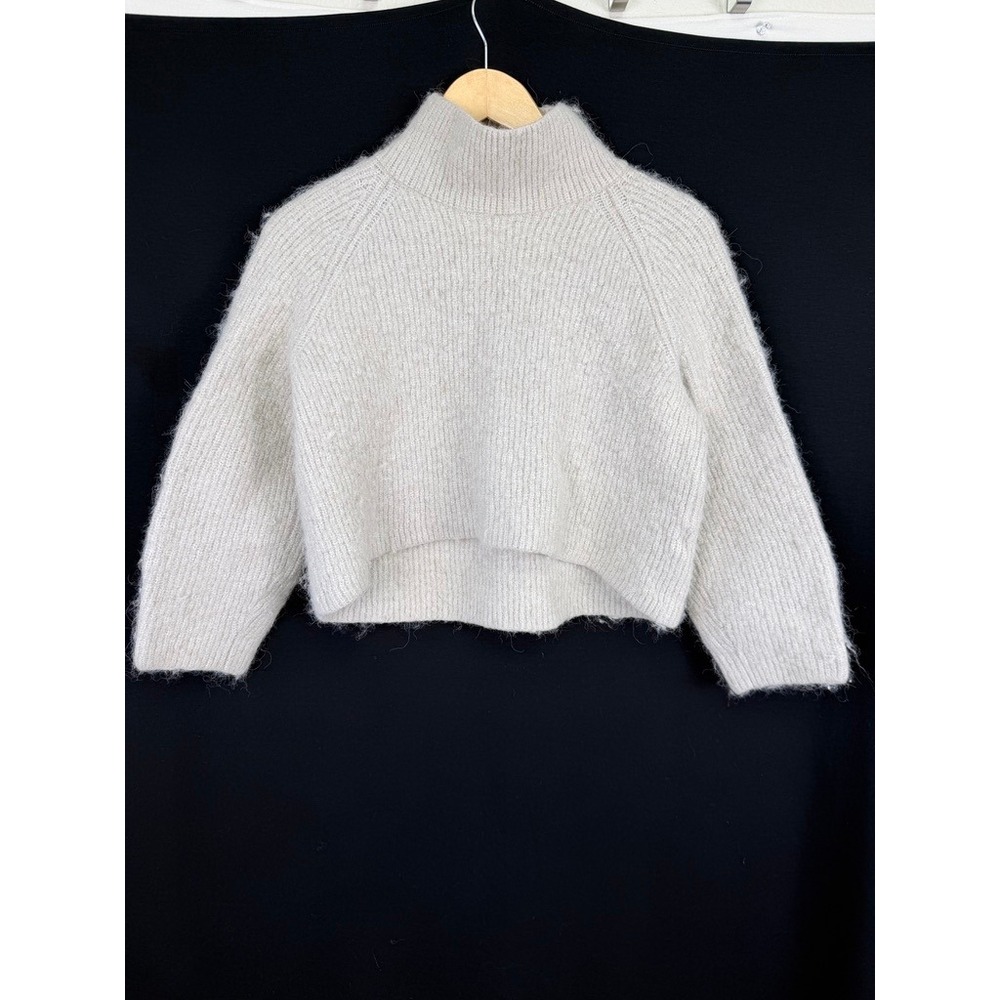 & Other Stories Mock Neck Cropped Fuzzy Sweater Womens L Beige Ribbed Knit